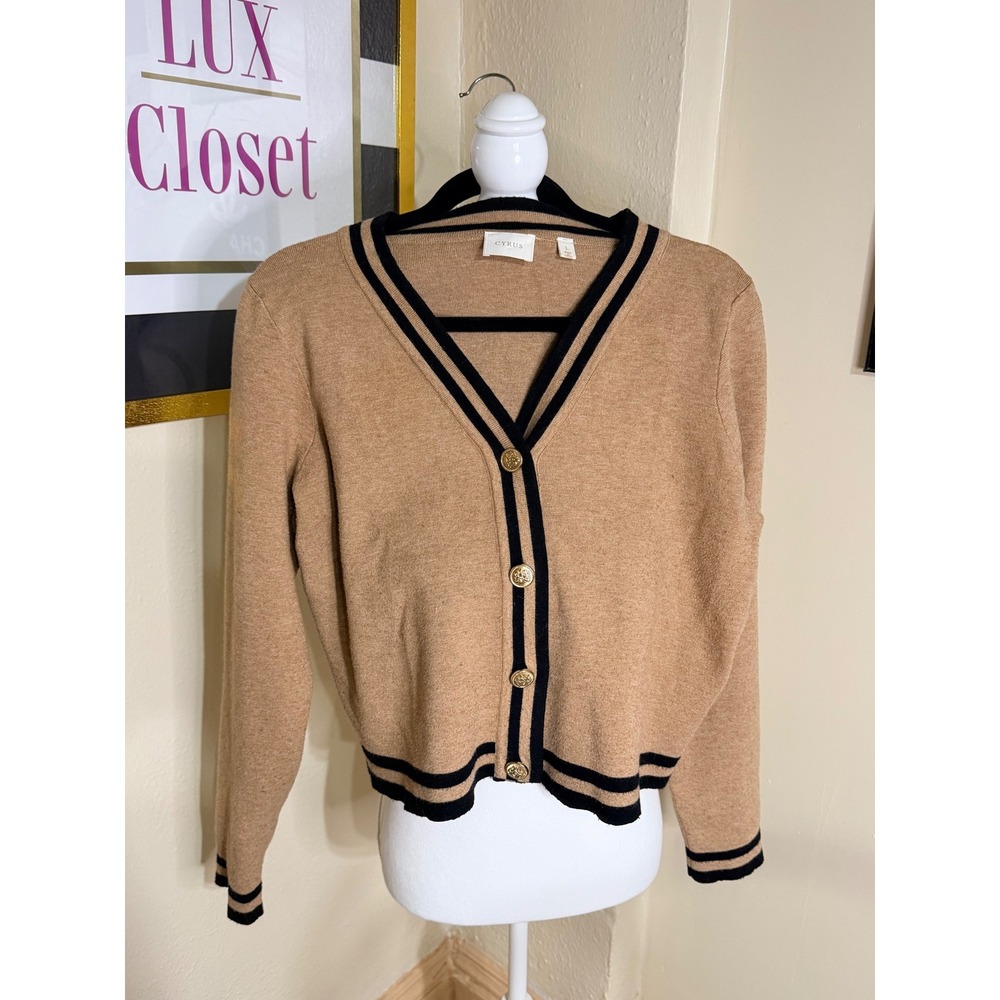Cyrus Womens Camel Tan Varsity Stripe V-Neck Cardigan Gold Crest Buttons Size L
